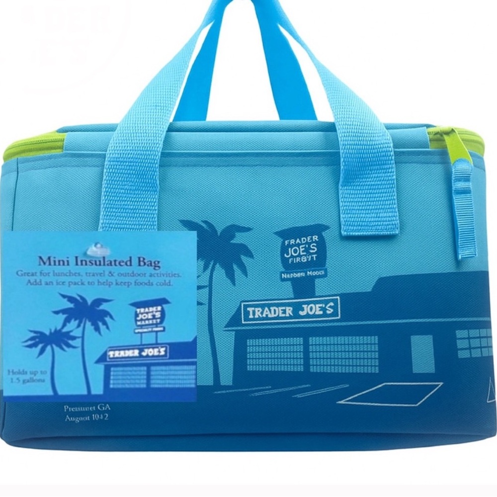 NEW Trader Joe's Mini Tote Insulated
Lunch Beach Cooler Zipper Bag Electric
Blue